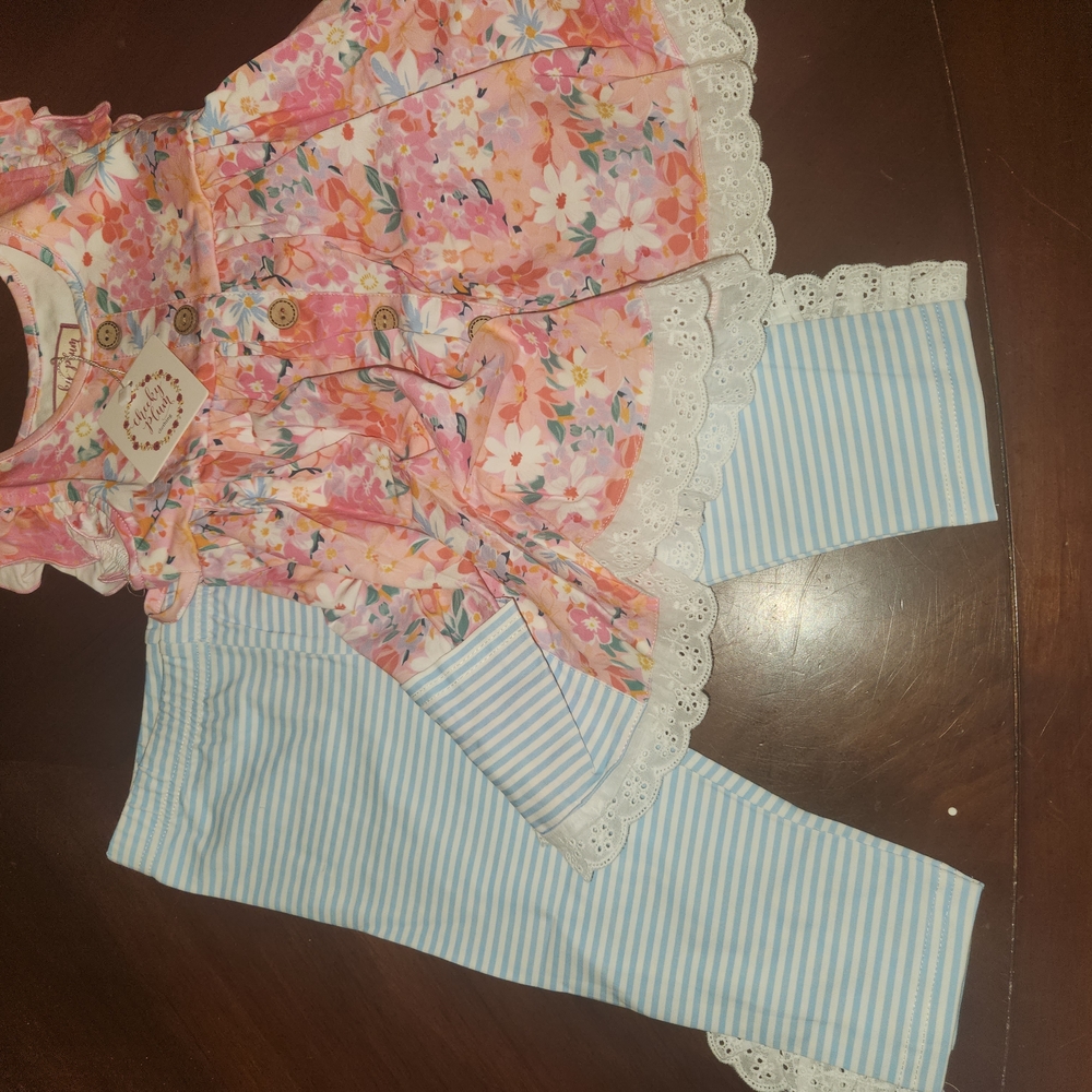cheeky plum 3T Cora Play Set- Honeydew Floral Top With Striped PantsMatching Set